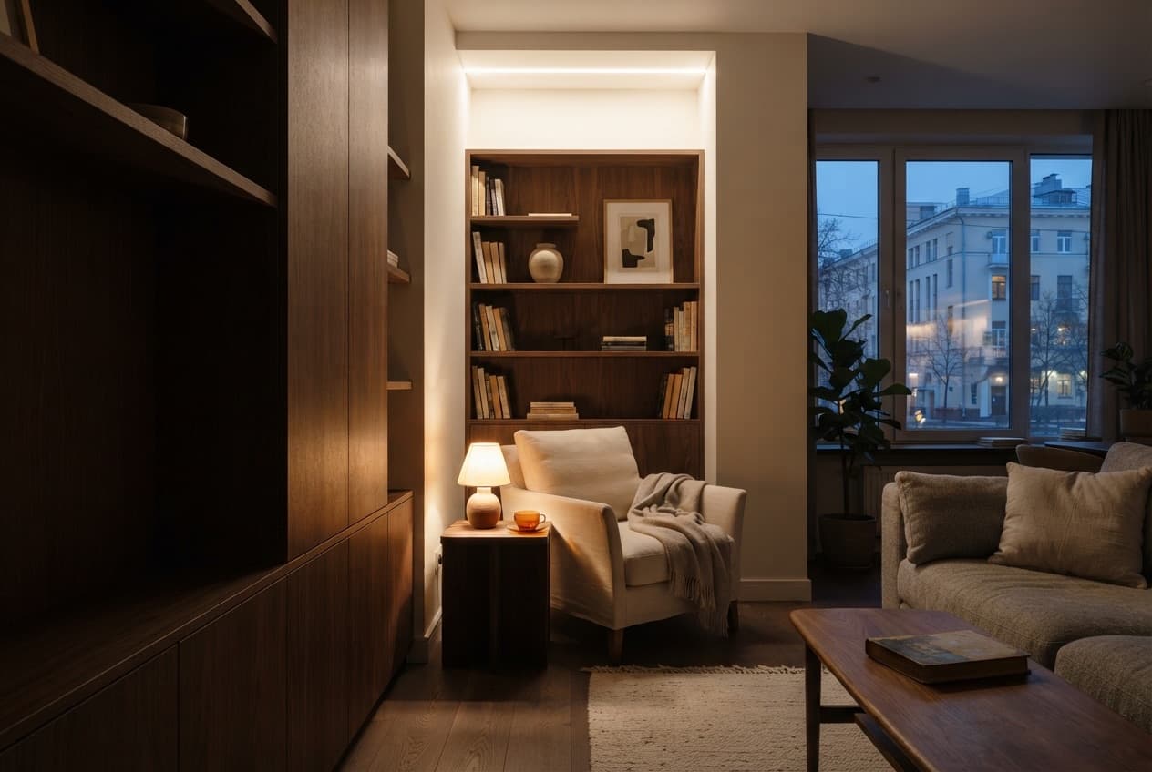 Warm diffused light of recessed fixtures in the living room in the evening — a rest scenario