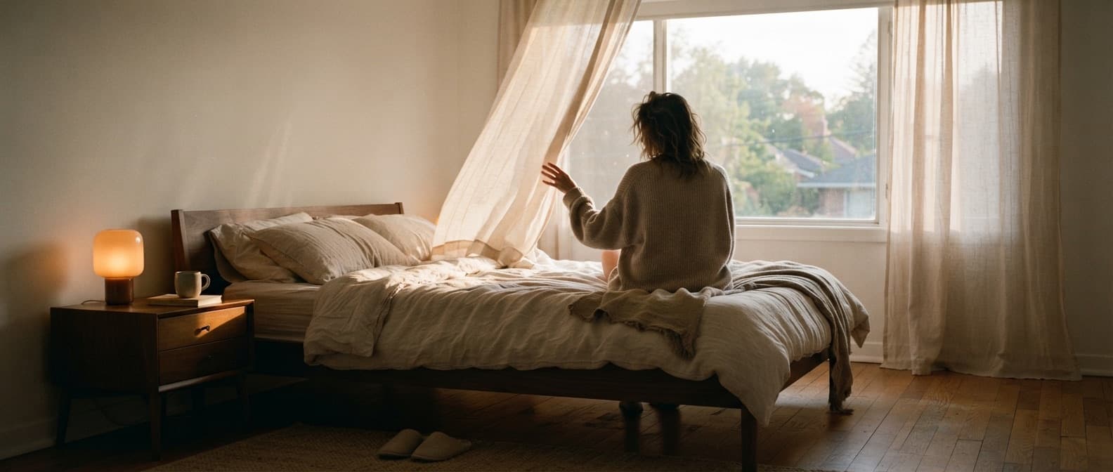 Bedroom at dawn: motorised blinds open by themselves, lights gradually brighten according to the "Morning" scene.