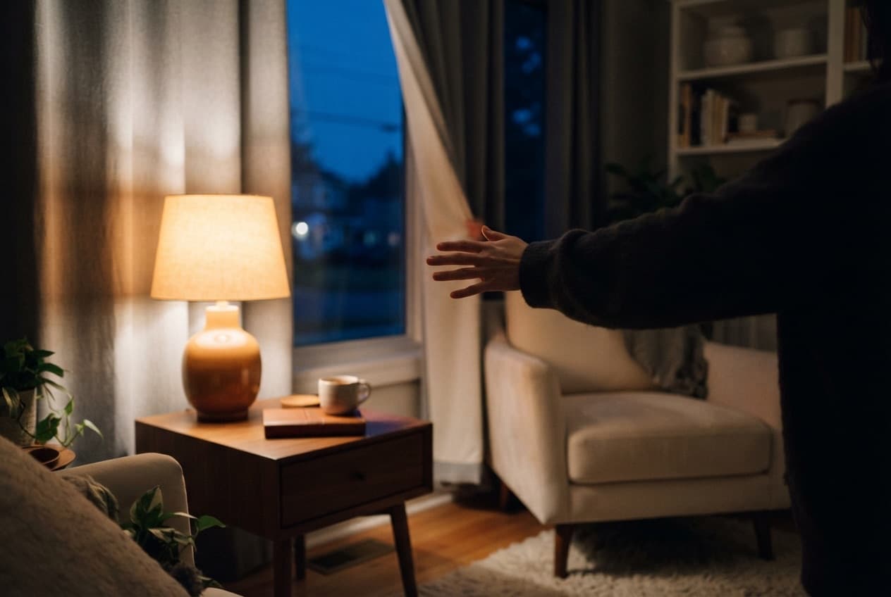 Living room at dusk: motorised blinds close automatically, the lighting becomes warm and subdued.