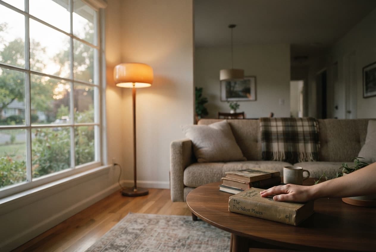 Empty living room during the day: the house simulates occupancy while the owners are away.