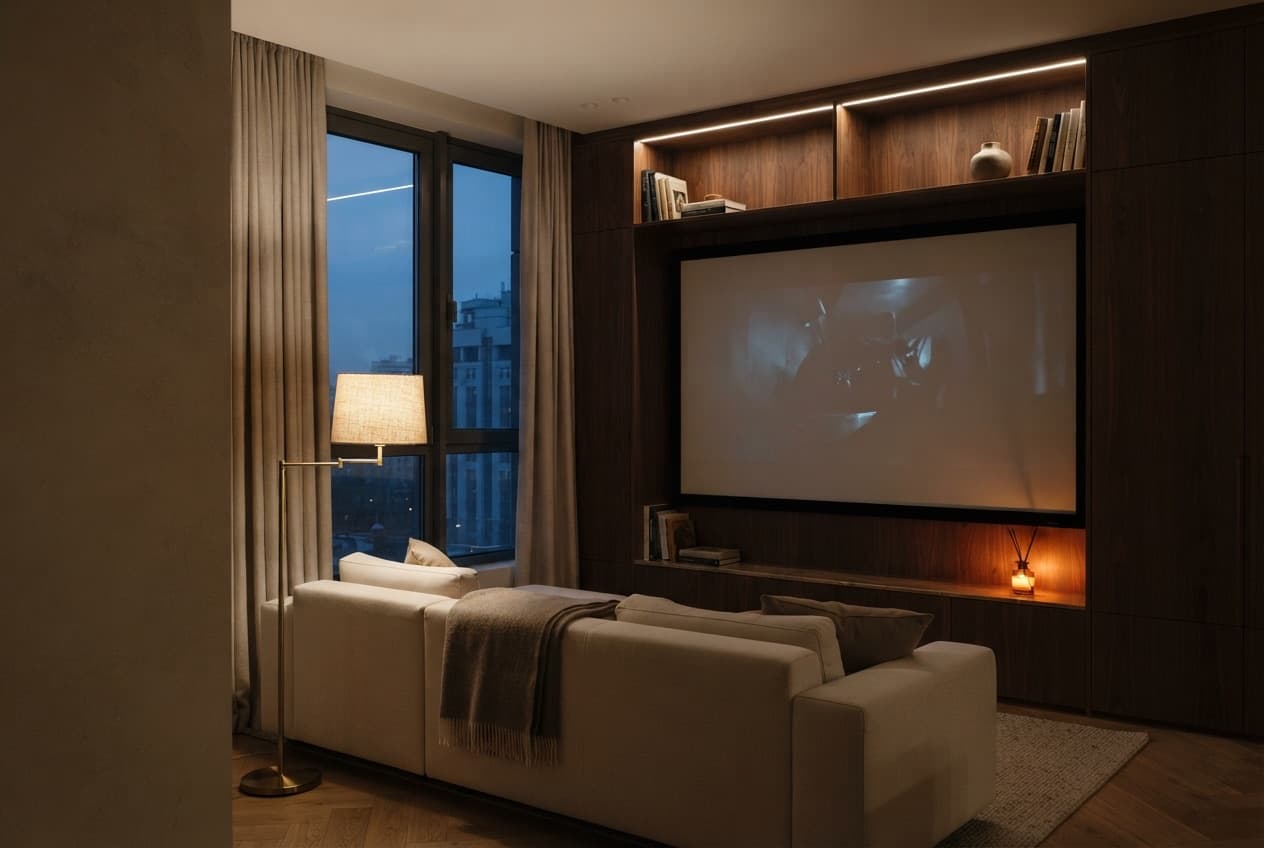 Home cinema in the evening: lights dimmed, motorised blinds closed, screen ready for viewing.