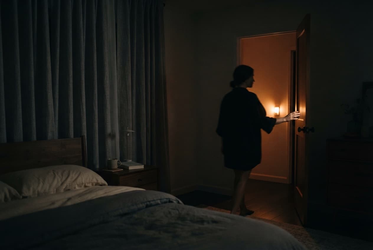 Bedroom at night: all lights in the house are off, only a warm nightlight remains in the hallway.