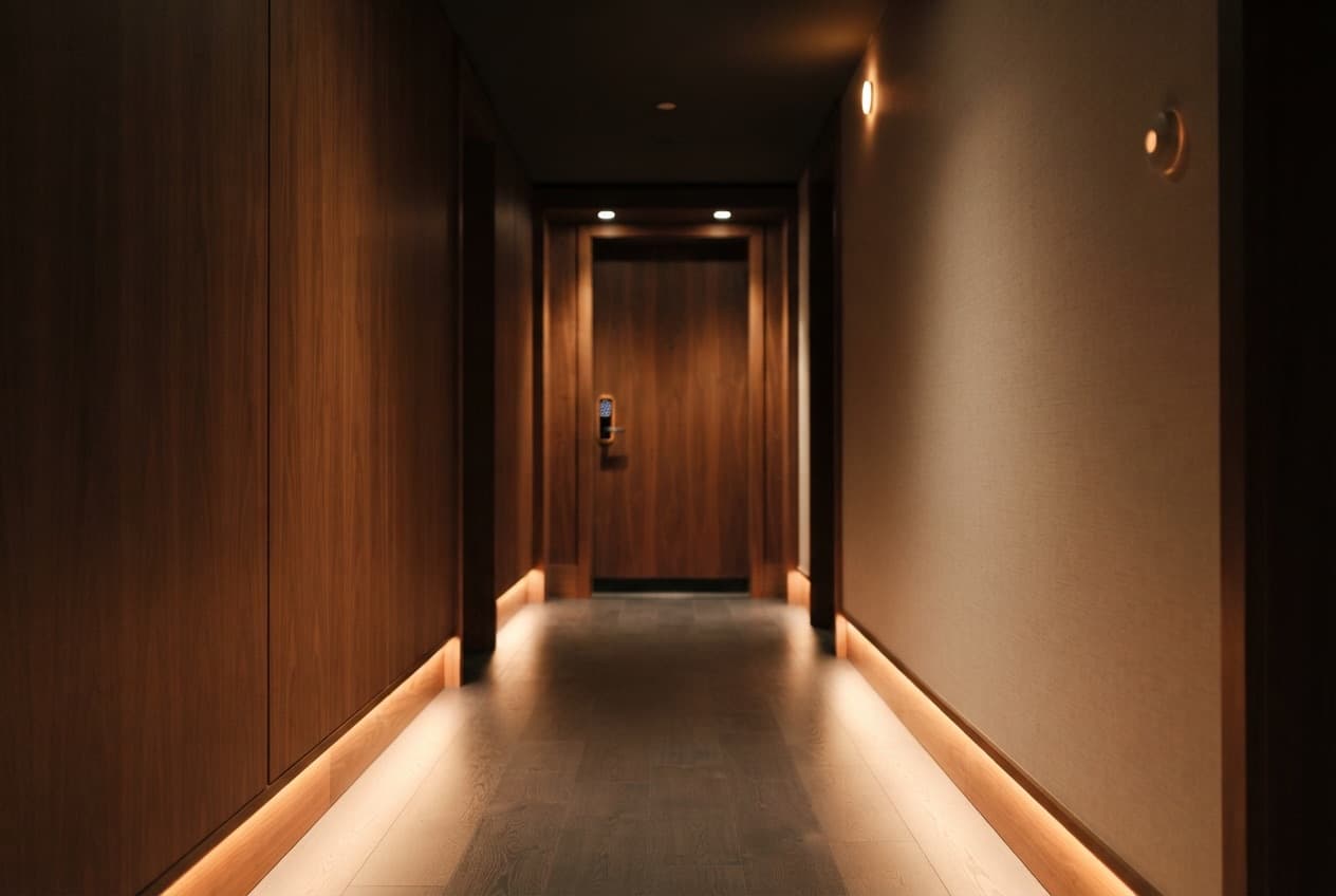Night corridor: security sensor turns on floor lighting in case of alarm