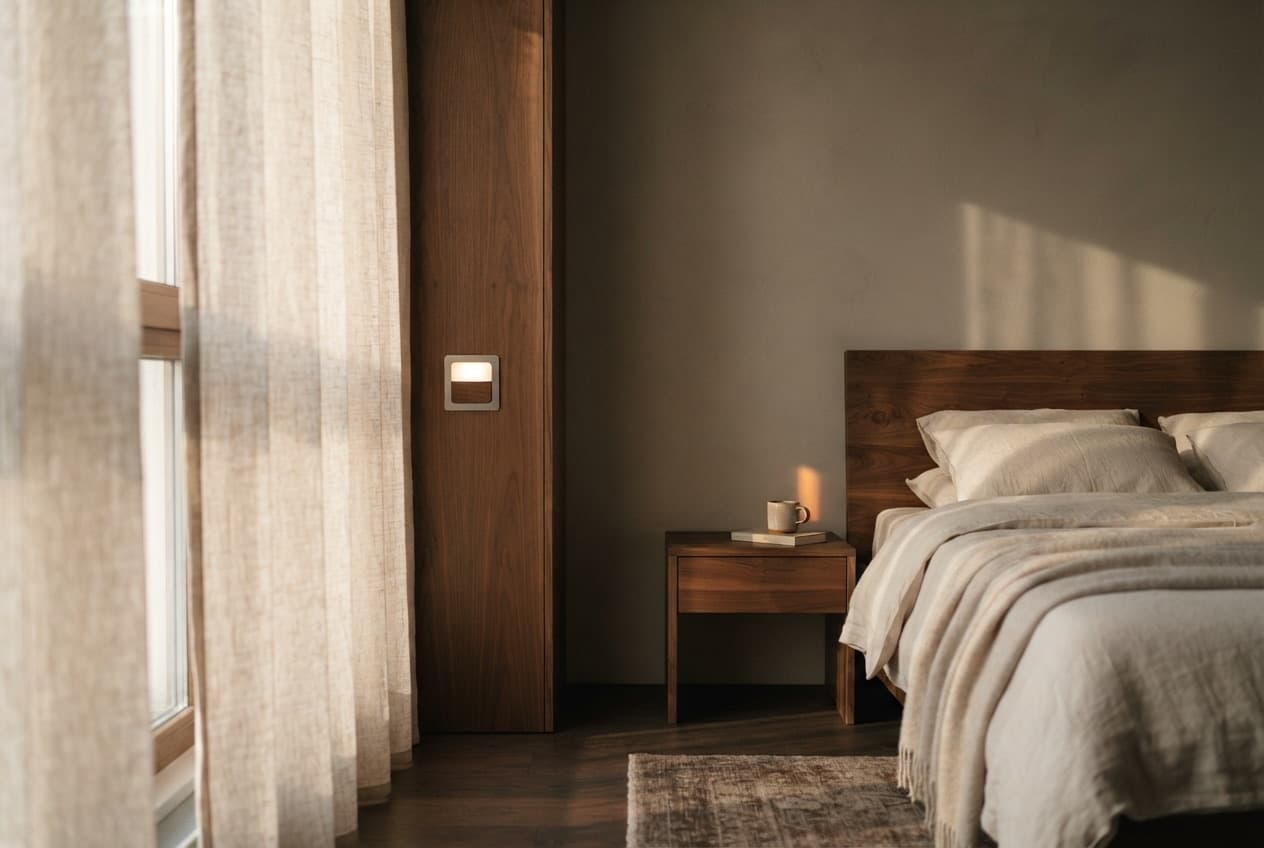 Bedroom in the early morning: a climate control sensor by the window maintains a comfortable temperature.