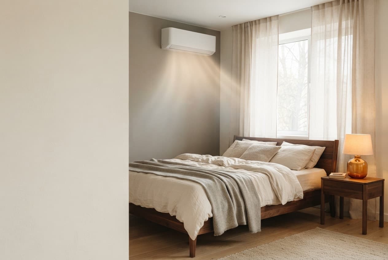 Ceiling-mounted air conditioner in a bedroom during the day — cooling activates based on occupancy