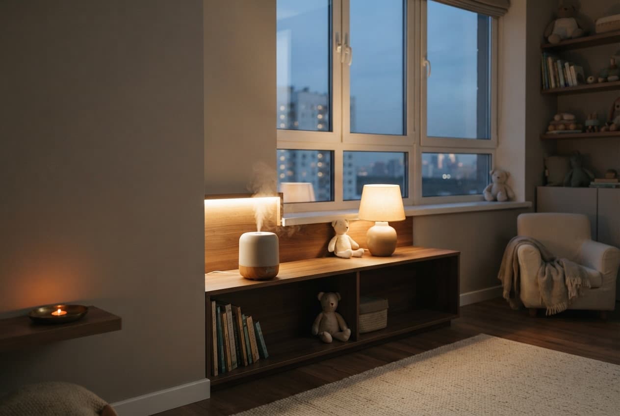 Humidifier in a child's room in the evening — gentle steam for comfortable humidity