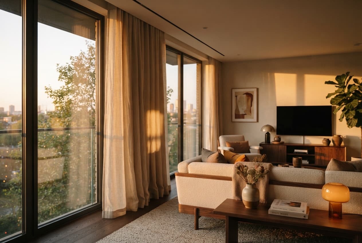 Electric curtain rod in the living room in the morning — the curtain smoothly opens by itself on the existing fabric