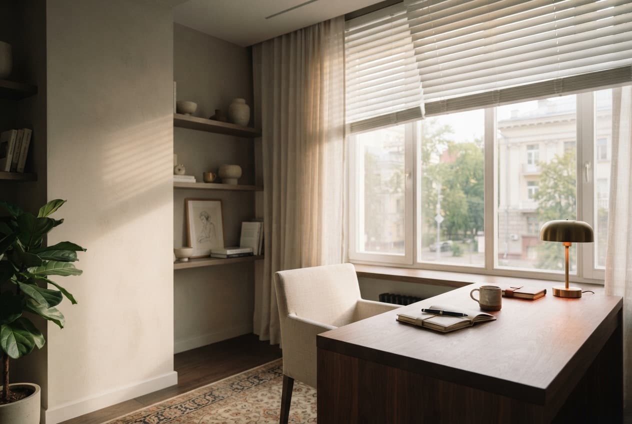 Automated blinds in the office during the day — the slat angle adjusts to the sunlight intensity