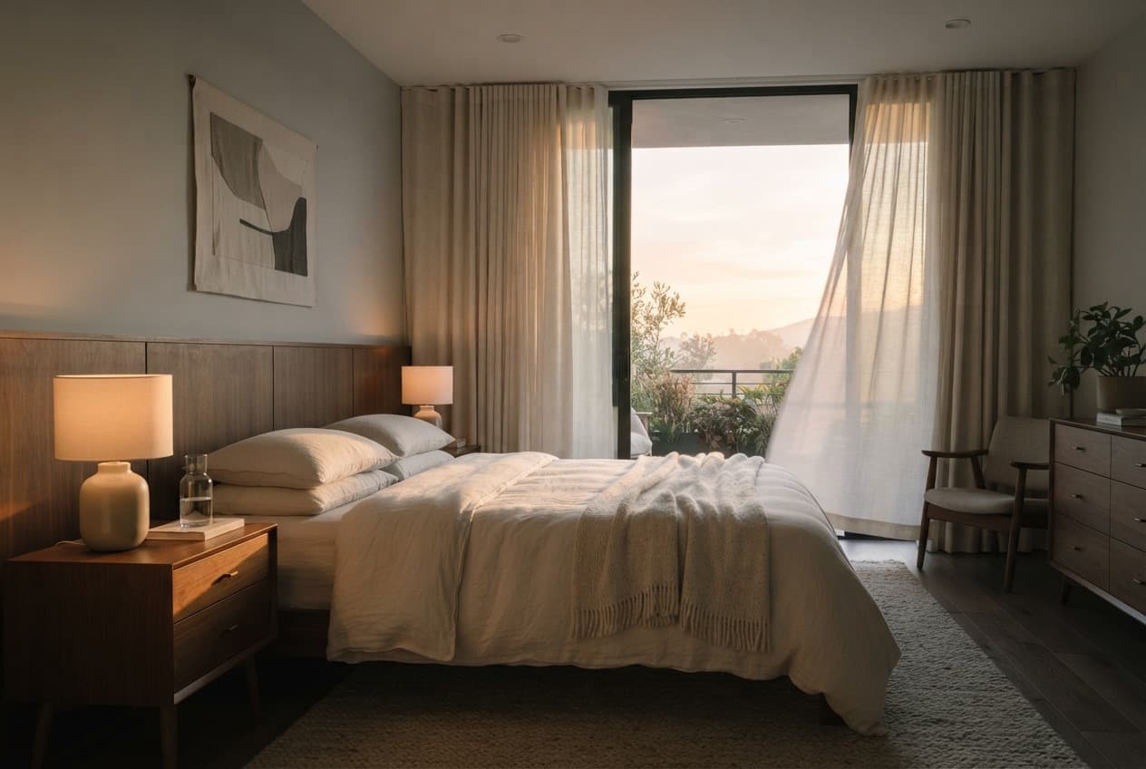 Motorised blackout blinds in the bedroom in the evening — the room darkens with a single movement