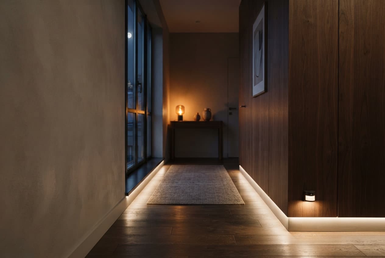 Motion sensor in the hallway at night — the light turns on for a few seconds ahead of the person