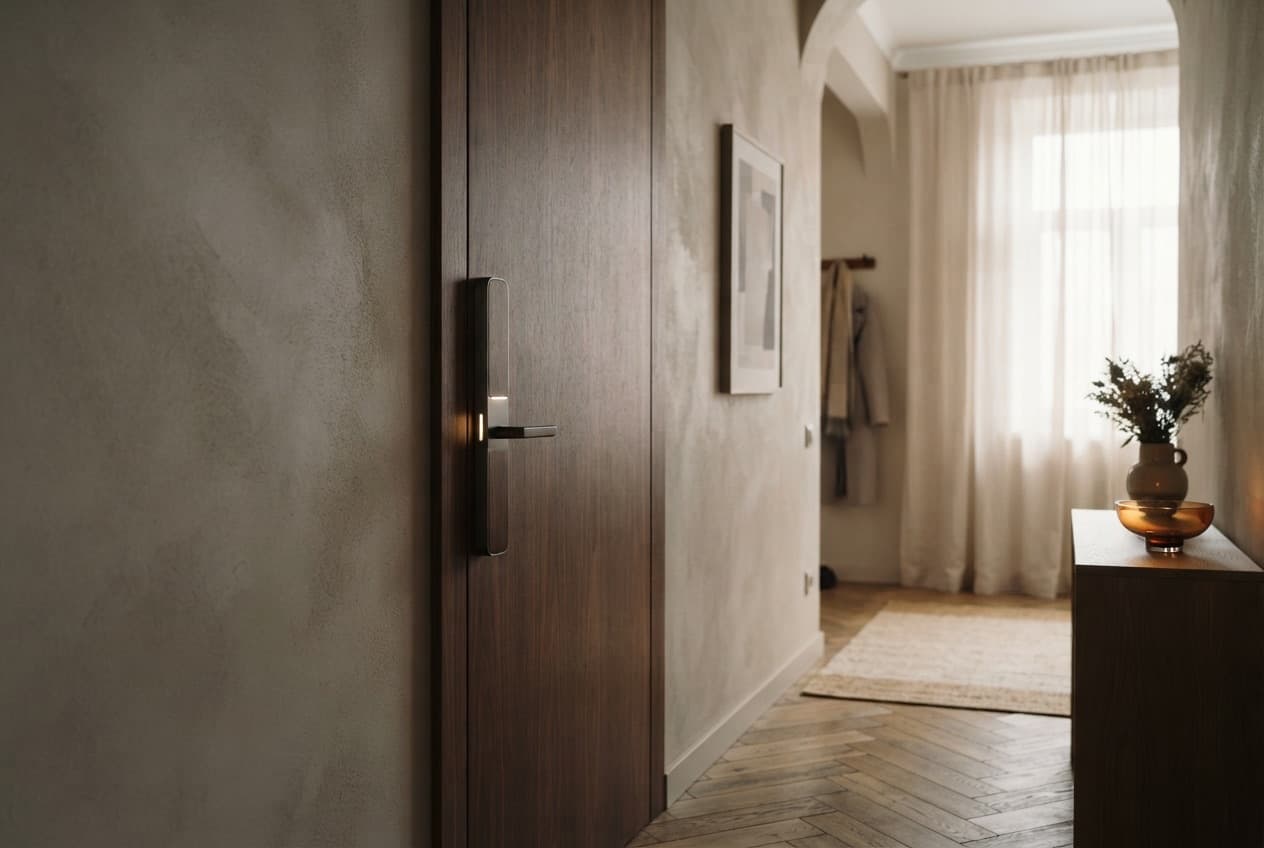 Smart lock on the front door of the hallway during the day — the door opens without a key.