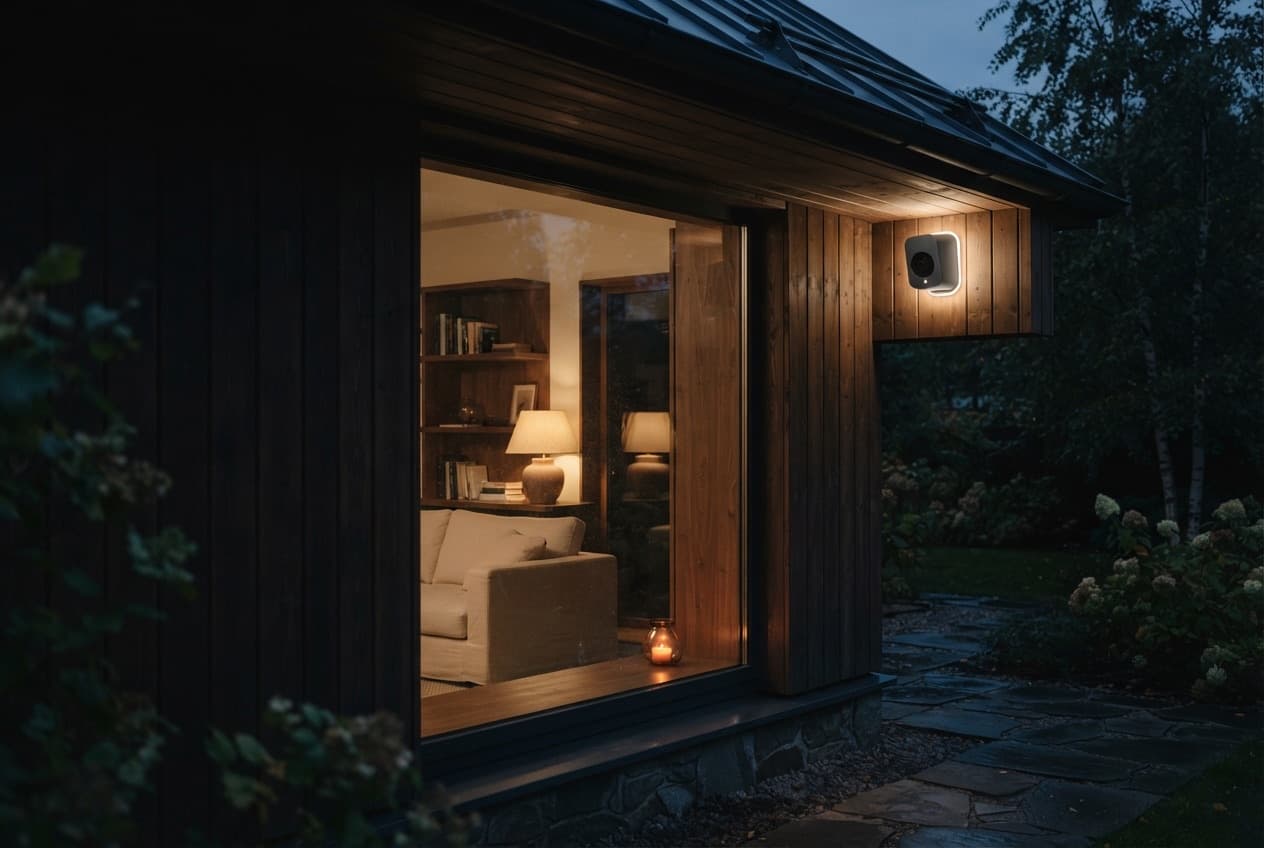 Outdoor camera under the roof overhang at dusk — view of the gate and driveway