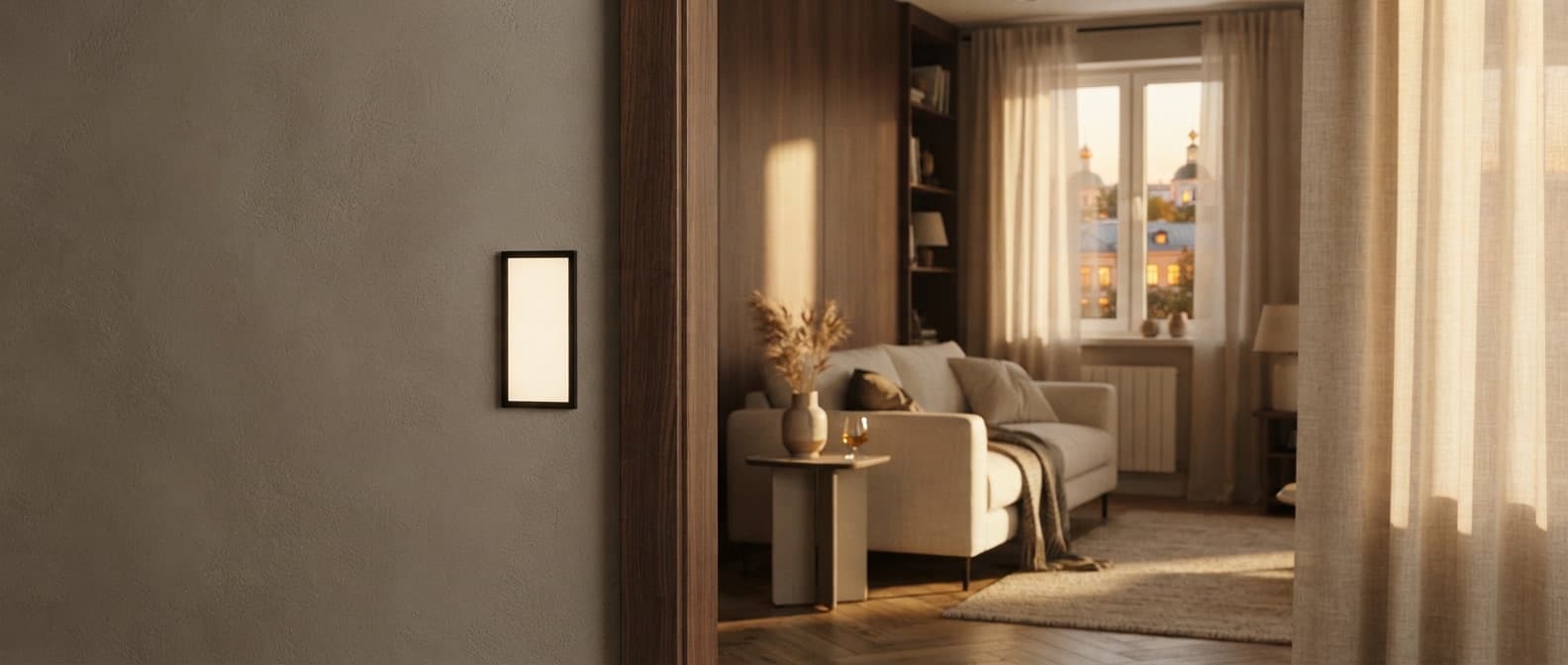 Living room at sunset: a hidden panel by the entrance links lighting, climate control, and motorised blinds in a single scenario.