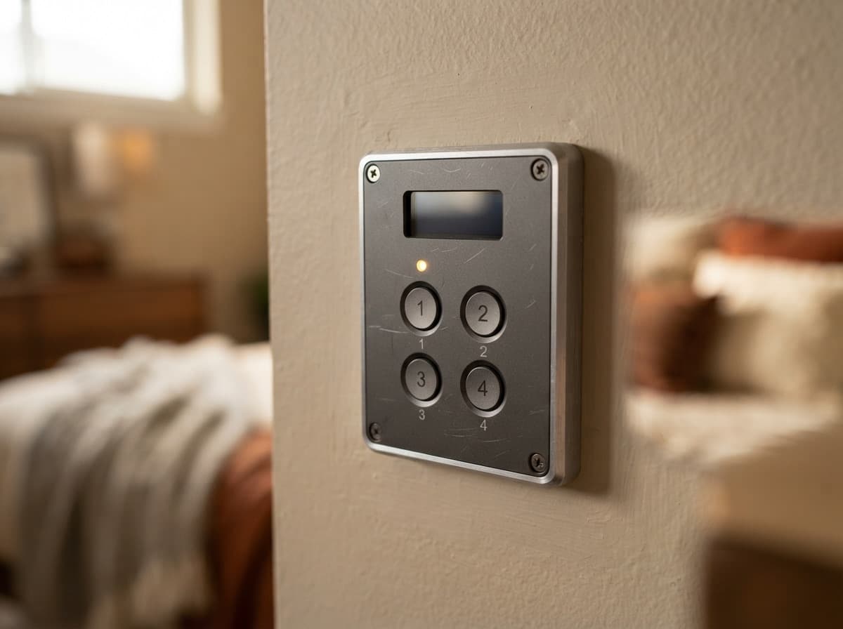 Scenario button on the bedroom wall — one button activates lighting, motorised blinds and climate control