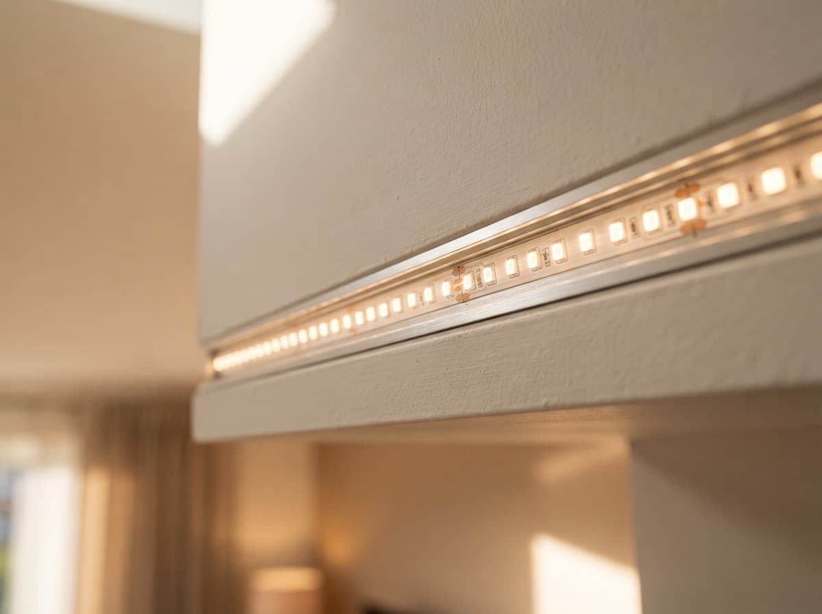 Close-up of an LED strip in a ceiling niche — concealed installation with no exposed wiring