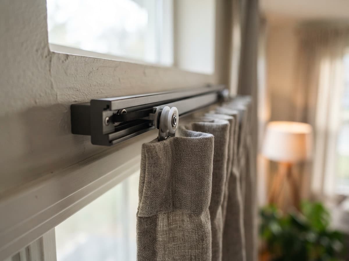 Detail of the electric curtain mechanism above the window — only the control principle changes.