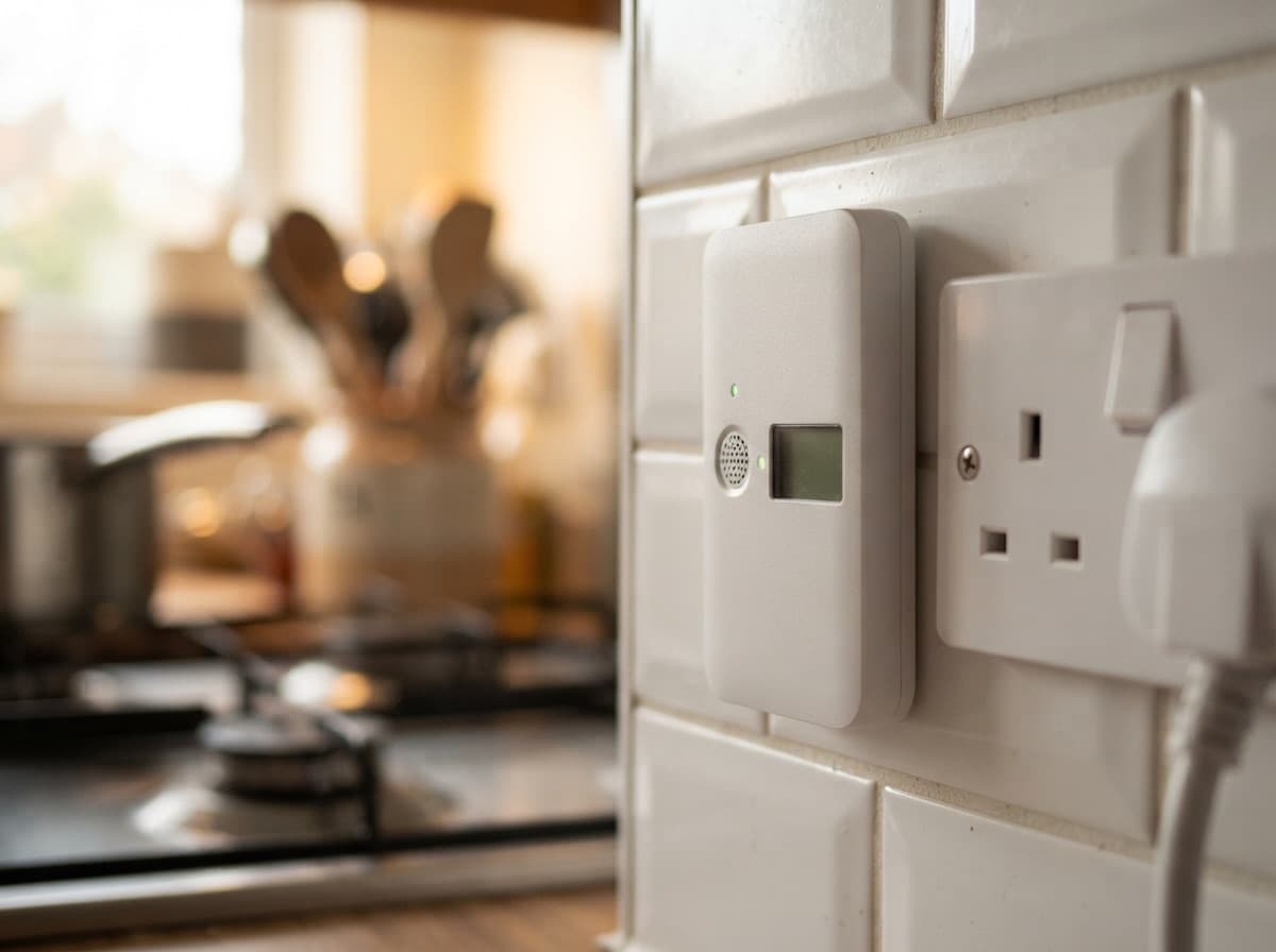 Close-up of a gas sensor on the kitchen wall — automatic valve shut-off
