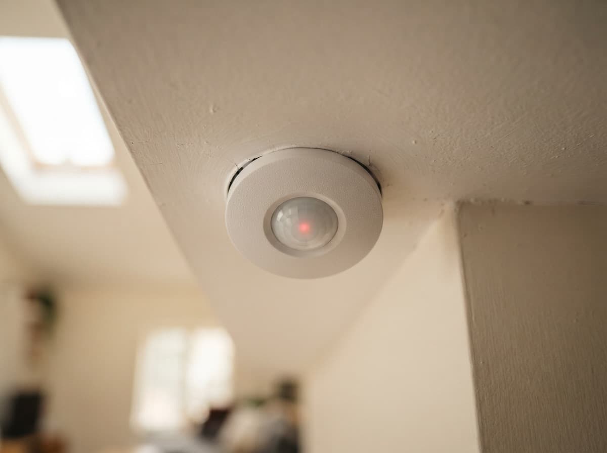 Close-up of a motion sensor in the corner of the ceiling — inconspicuous during the day, turns on the light at night