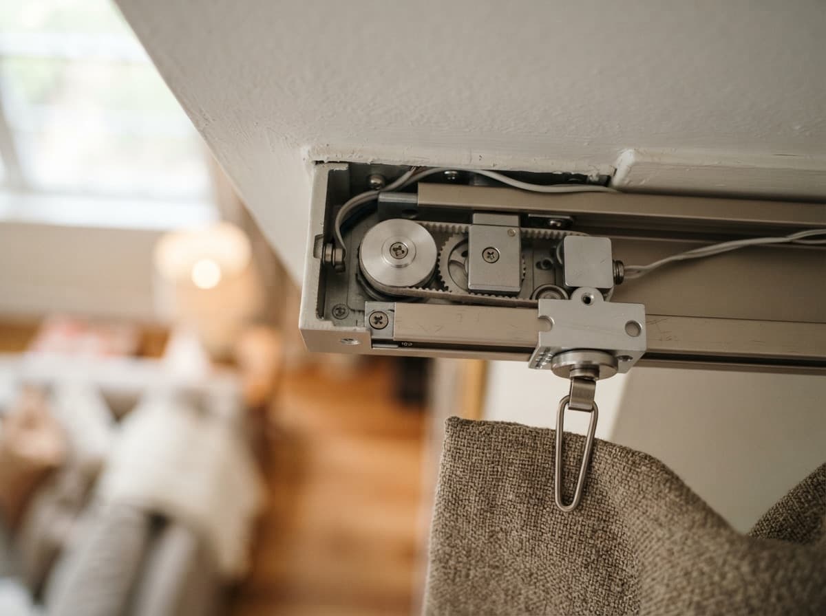 Detail of the hidden curtain track motor in the ceiling box — the mechanism is not visible from the room.