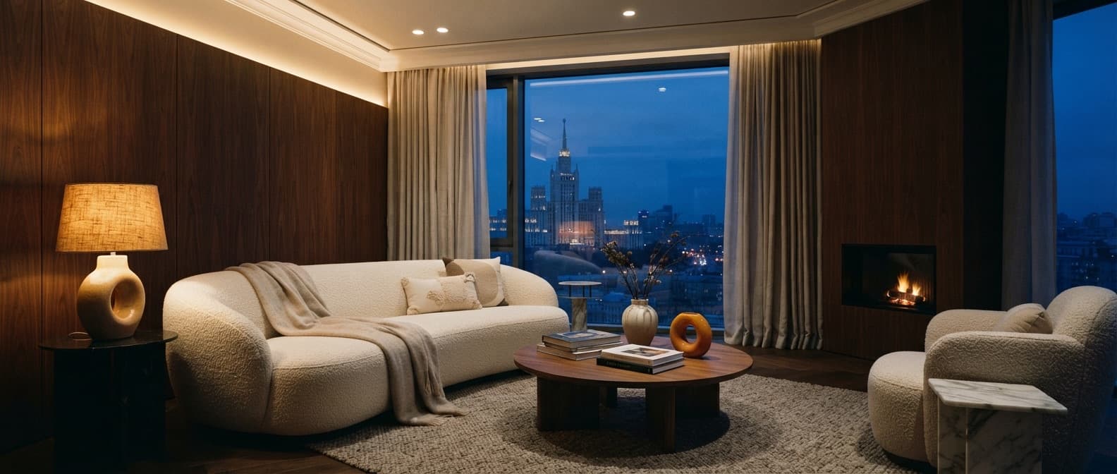 Ready living room at sunset — a completed smart home project in a calm evening atmosphere