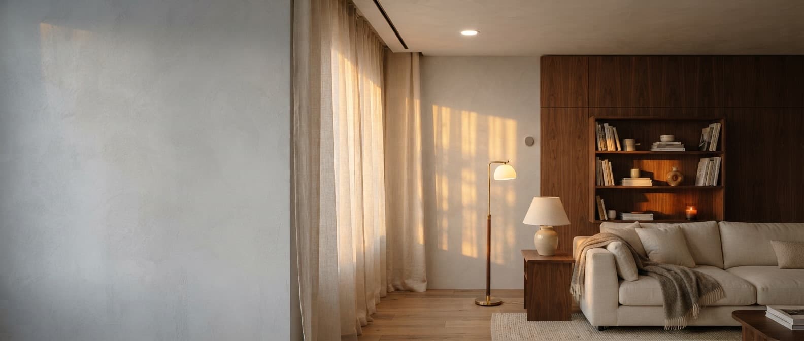 Living room at sunset: lighting, motorised blinds, and sensors — devices of a single system working together