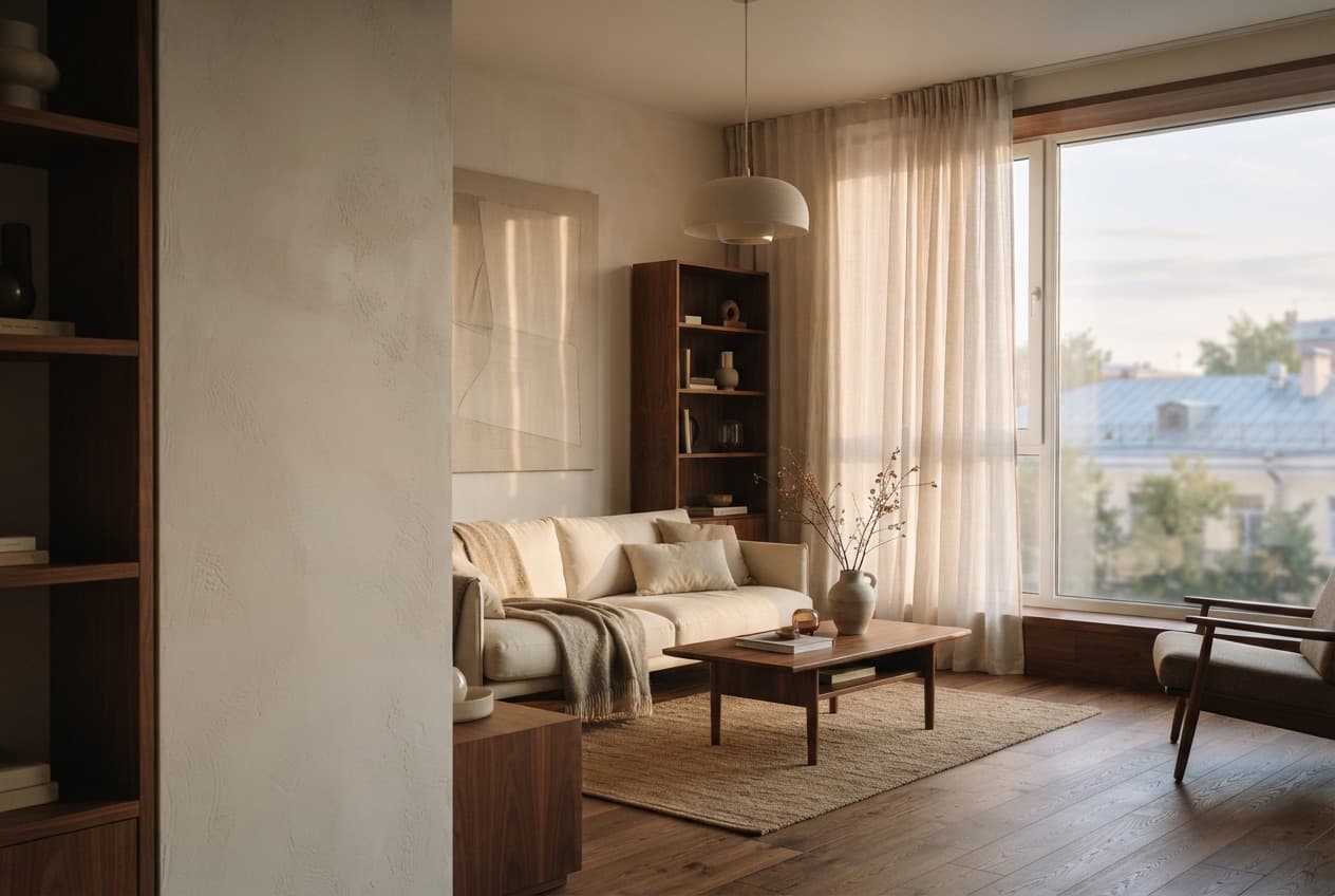 Motorised blinds smoothly open in the living room in the morning, letting in soft daylight.