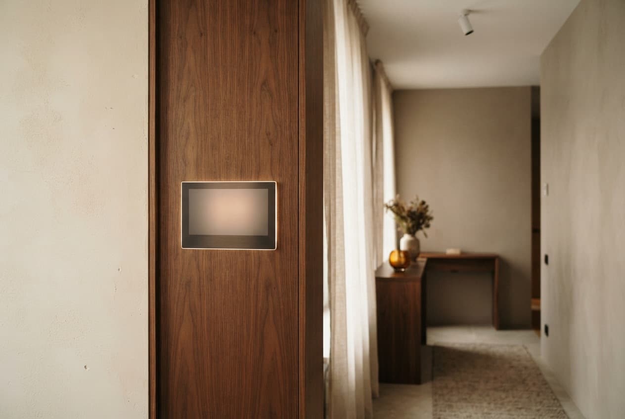 Video doorphone on a hallway wall during the day — the screen shows a visitor even before the call.