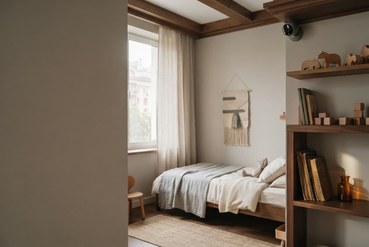 Indoor surveillance camera in the corner of a child's room during the day — monitoring only where needed