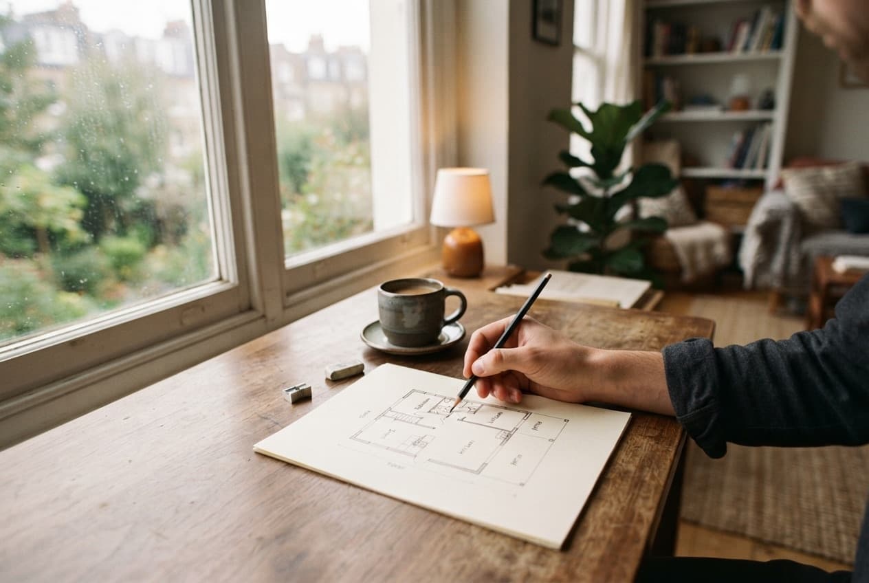 A hand sketching a room layout at a table by the window — the consultation and design stage
