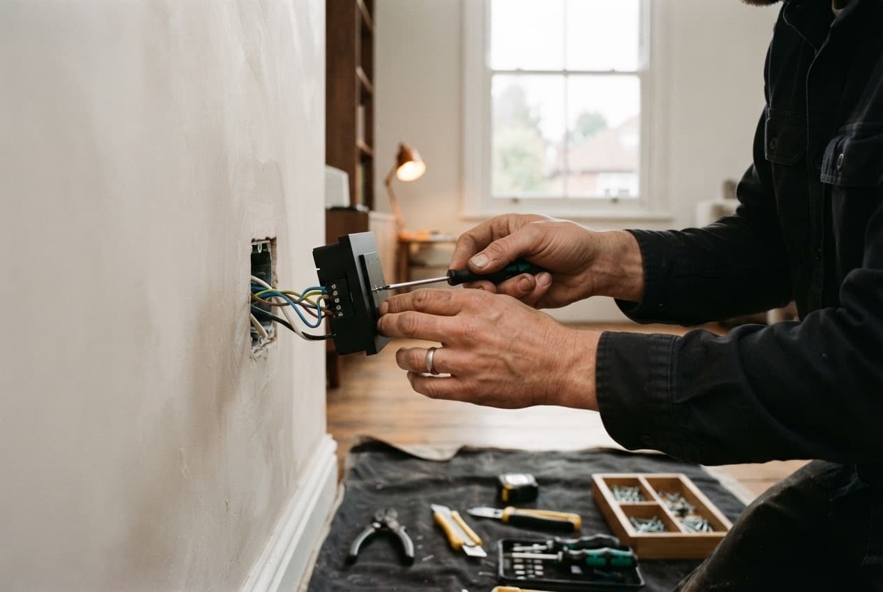 A technician's hands connect a device during renovation — neat installation without wall chasing.