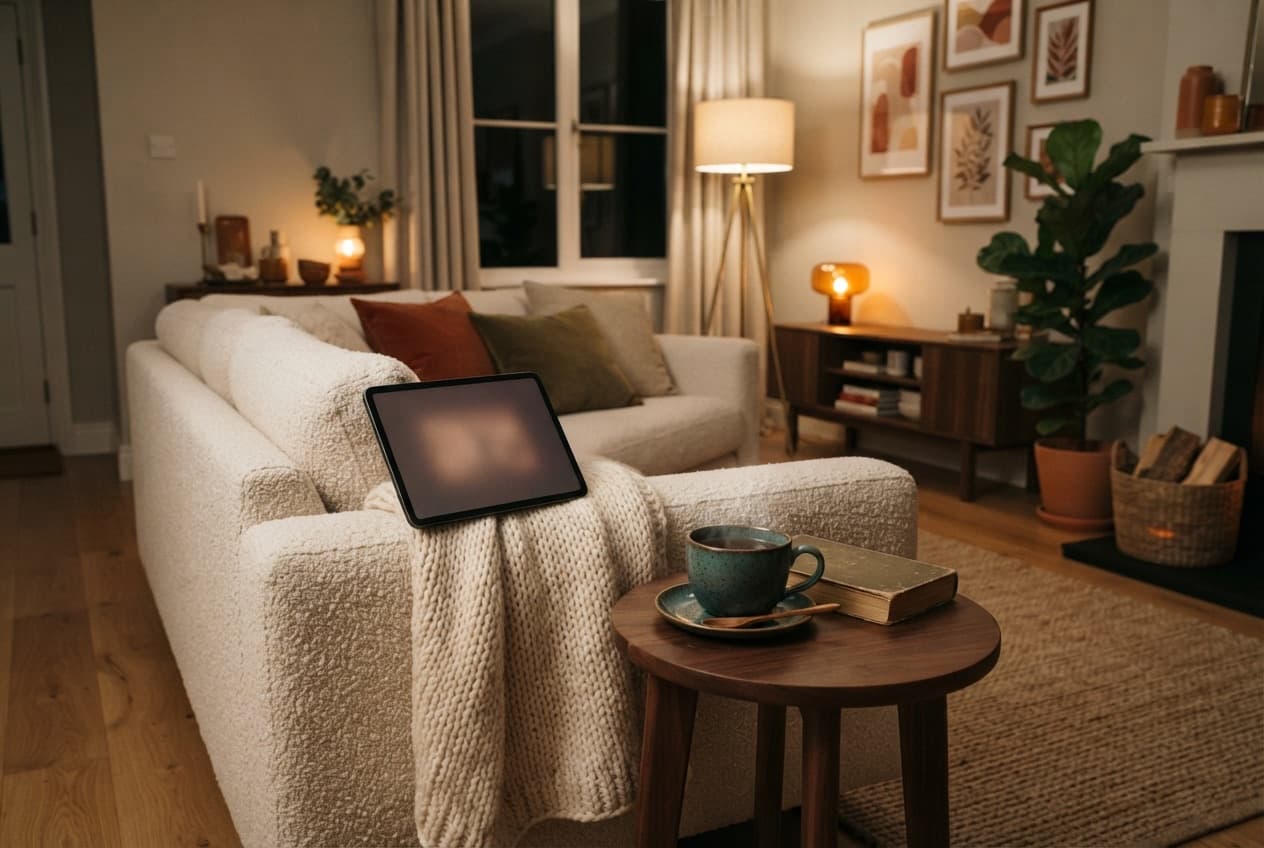 A hand turns on a scenario on the panel in the living room in the evening — learning home management