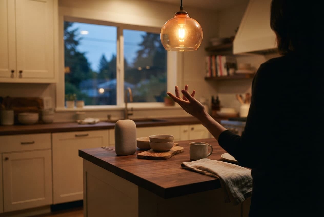 Voice command in the kitchen in the evening: a hand by the island counter, the light responds on its own.