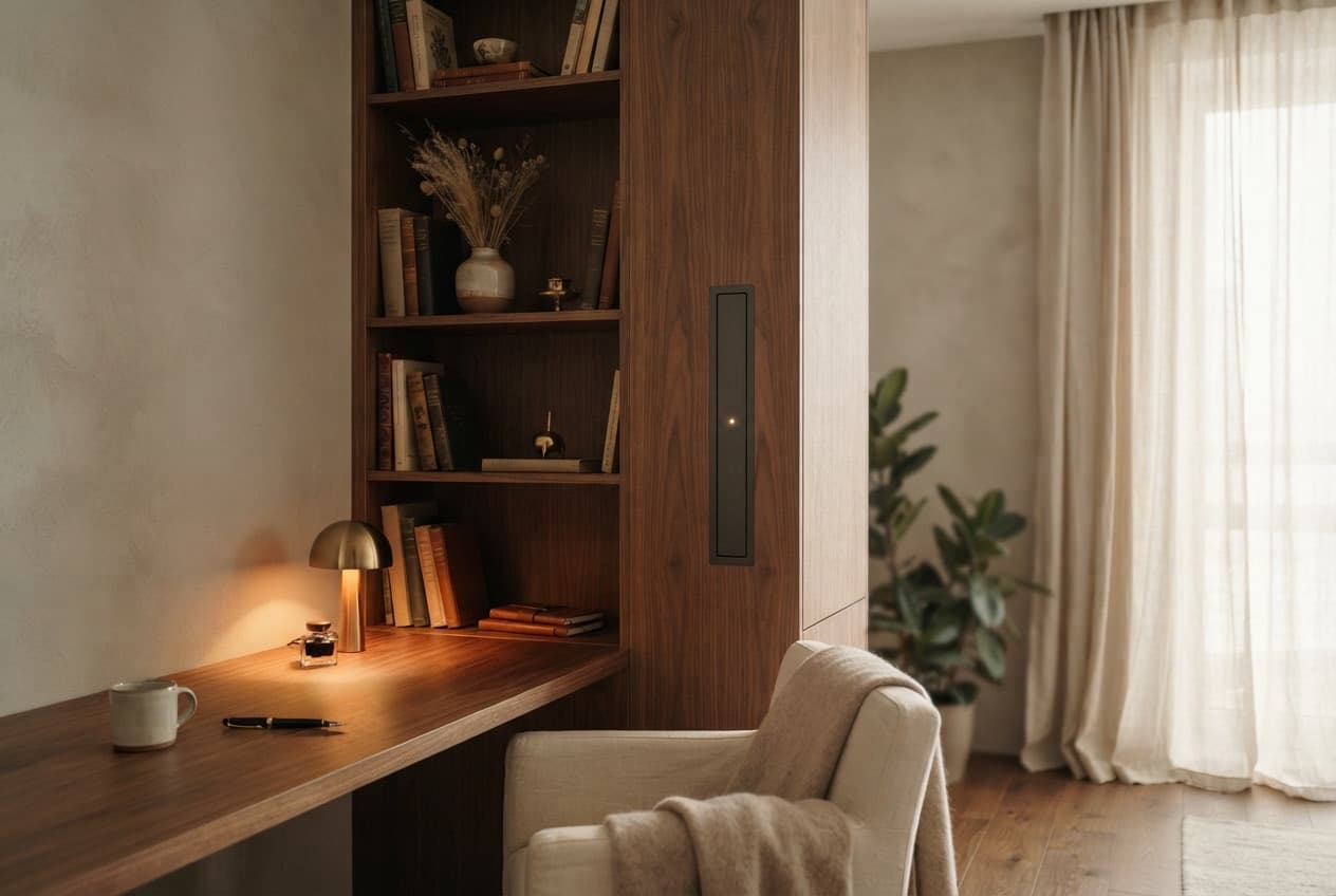Office during the day: a hidden network hub in a bookshelf niche connects all home systems.