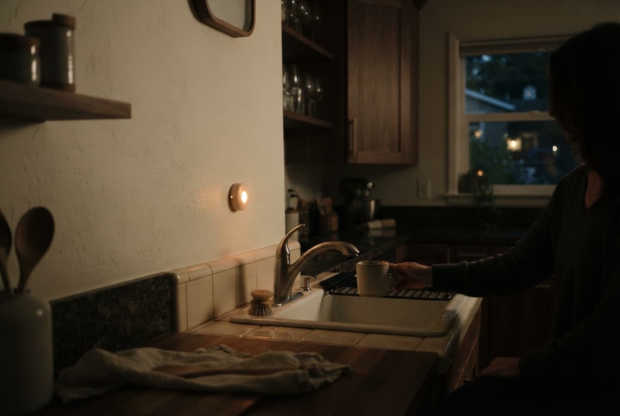Night kitchen: a security sensor by the sink discreetly monitors the area while everyone sleeps.