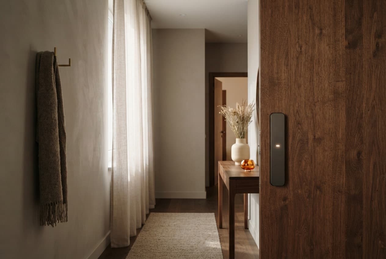 Hallway during the day: a smart lock on the entrance door responds to approach without a key.