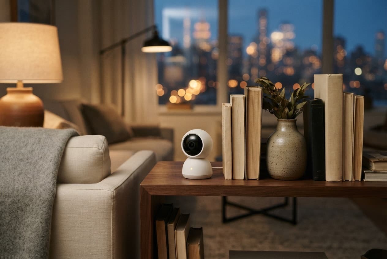 Terrace of a country house at dusk: a camera under the awning calmly monitors the perimeter.