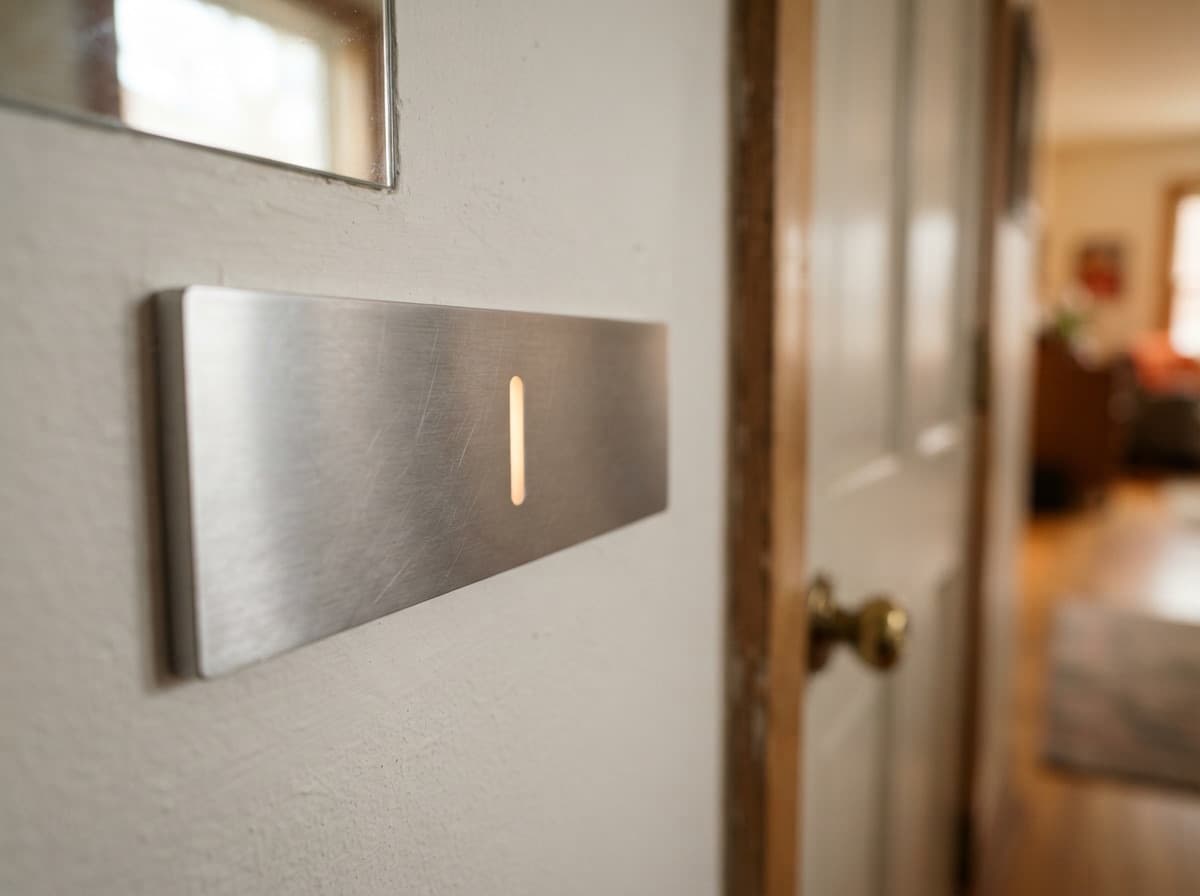 Close-up of a wall-mounted home control panel — a single point for lighting, climate control, and motorised blinds.