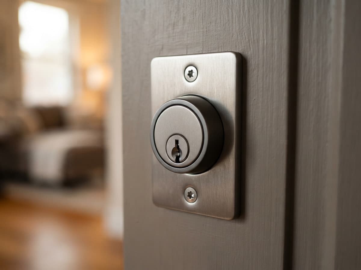 Close-up of a smart lock on an entrance door — entry via code, fingerprint, or phone.