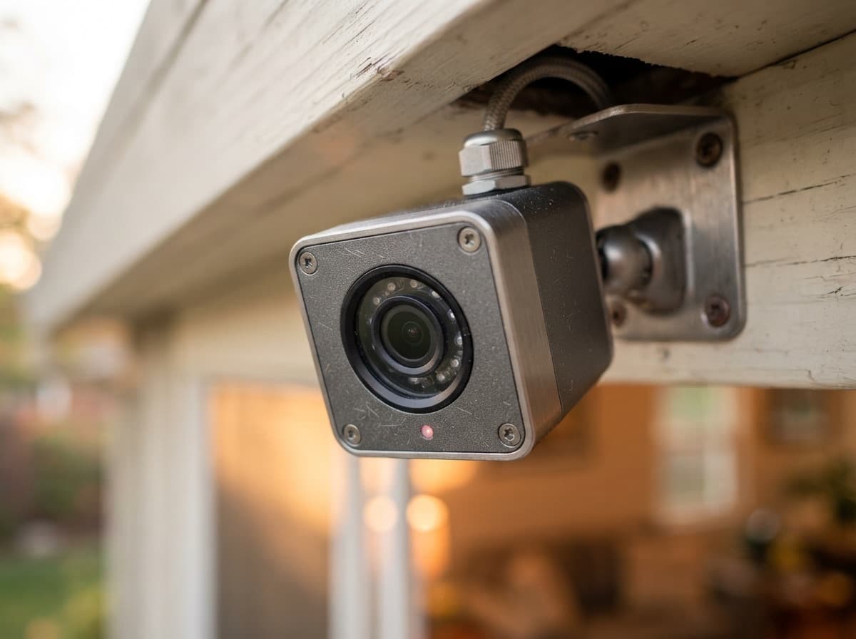 Detail of an outdoor surveillance camera under the roof overhang of a country house