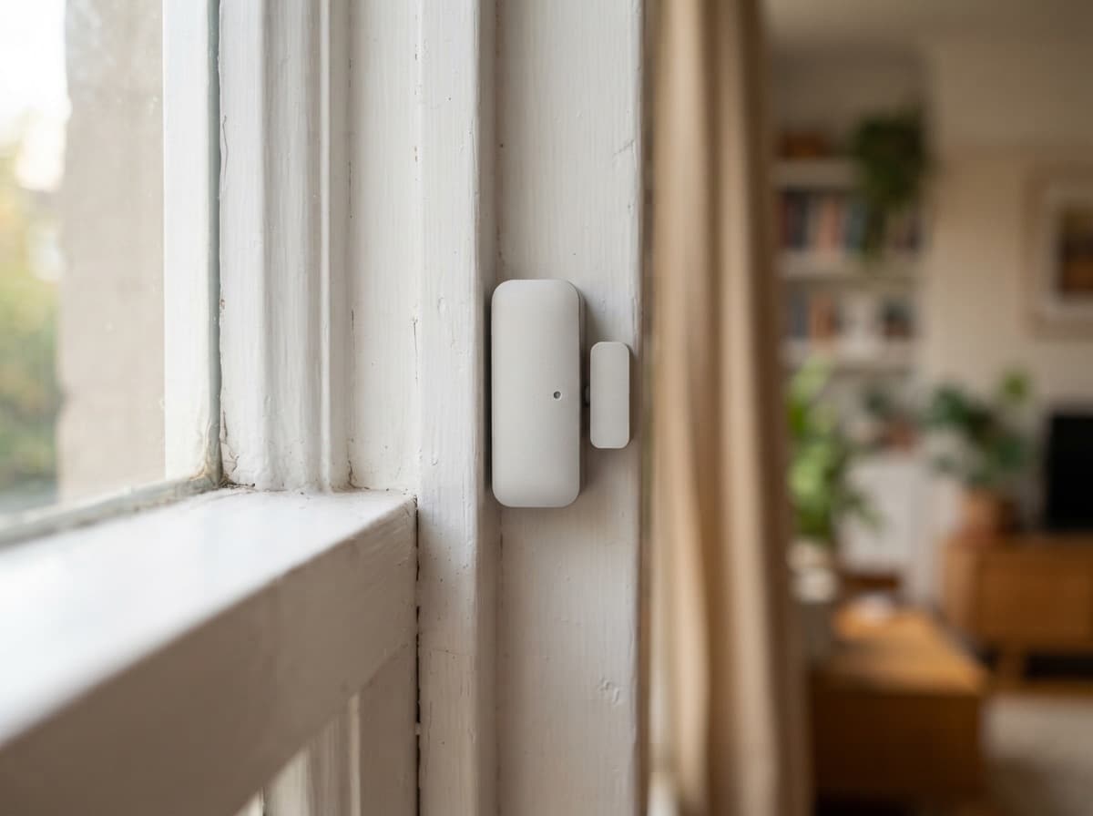 Sensor detail on the window frame — the house checks windows in your absence