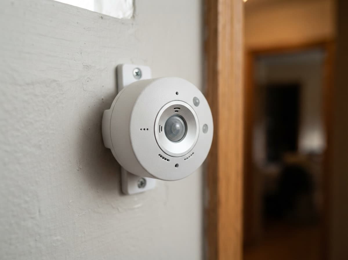 Alarm sensor detail in the hallway — reacts to smoke, water leakage, or an open door.