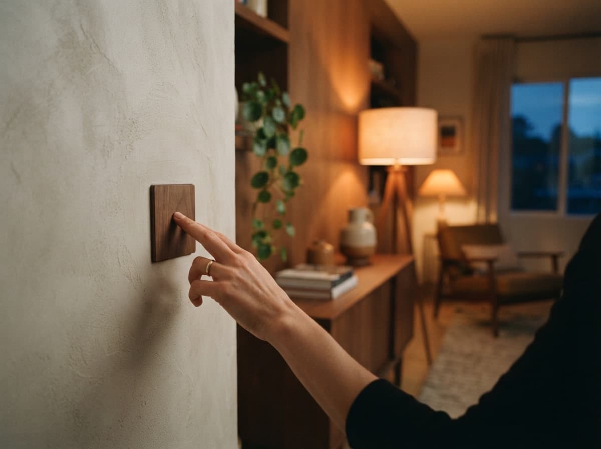A hand activates the evening scenario with a single touch of the panel — the living room lights brighten on their own