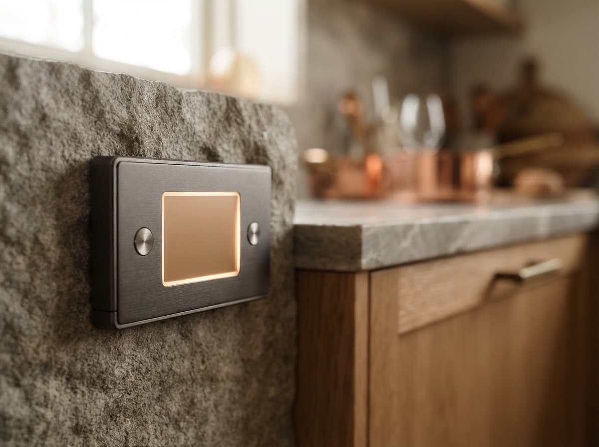 Detail of a wall panel in the kitchen of a completed project — appliances are concealed within the finish.