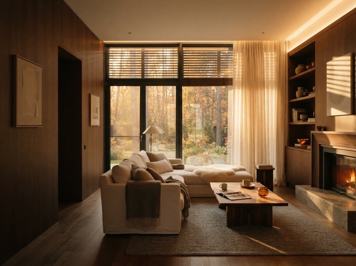Living room of a country house at sunset — a completed project with automated curtains