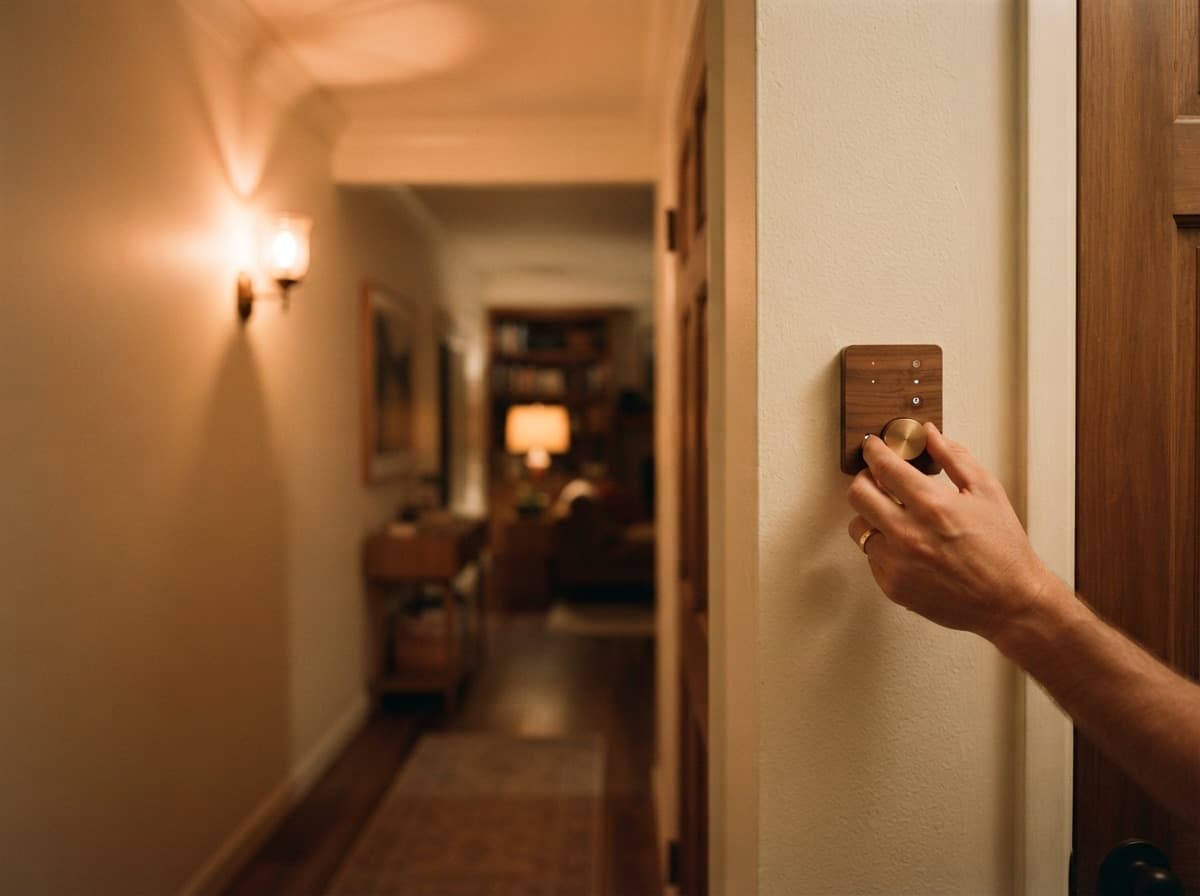 A hand adjusts a scenario on the panel in the hallway — one contractor from selection to training