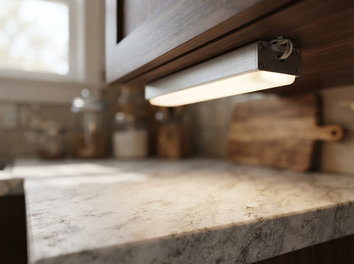 Detail of a recessed light fixture under a kitchen cabinet — task lighting as a separate group