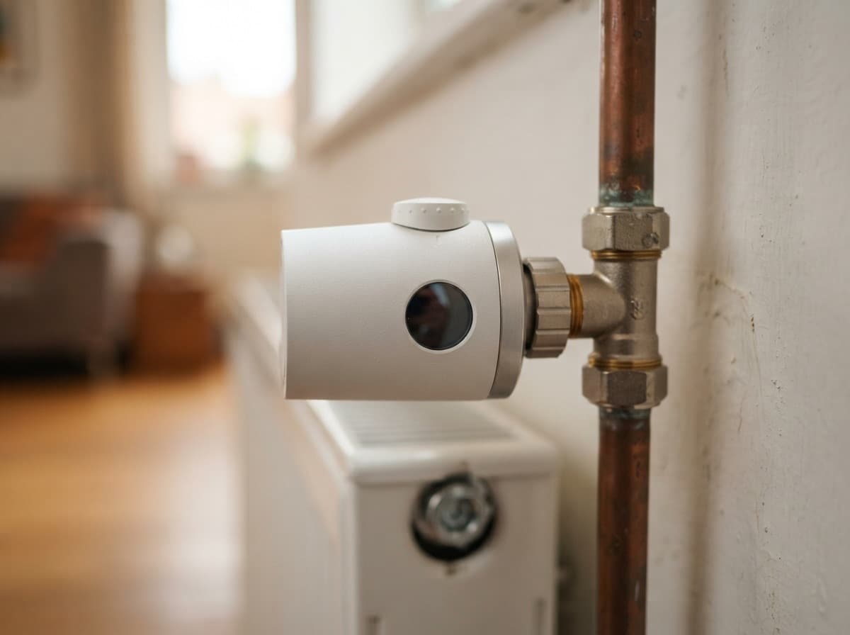 散热器上温控阀的特写镜头 — 紧凑型执行器替代手动阀门