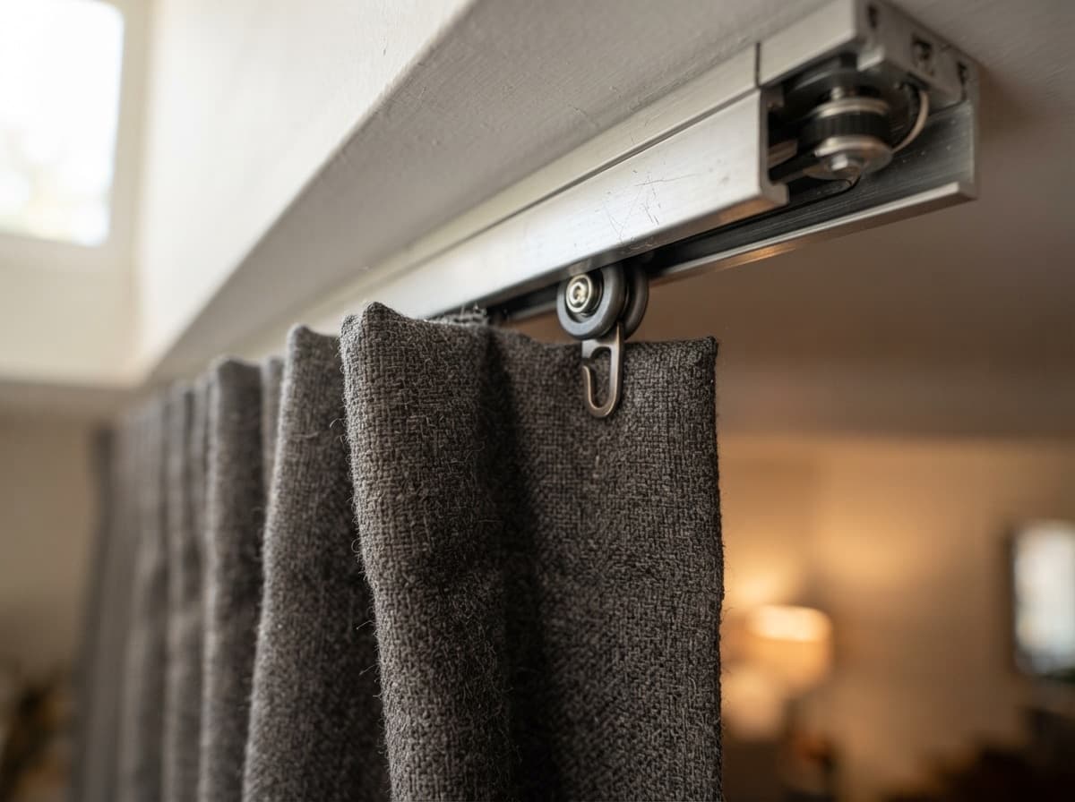 Detail of the dense fabric of automatic curtains on a concealed track cornice