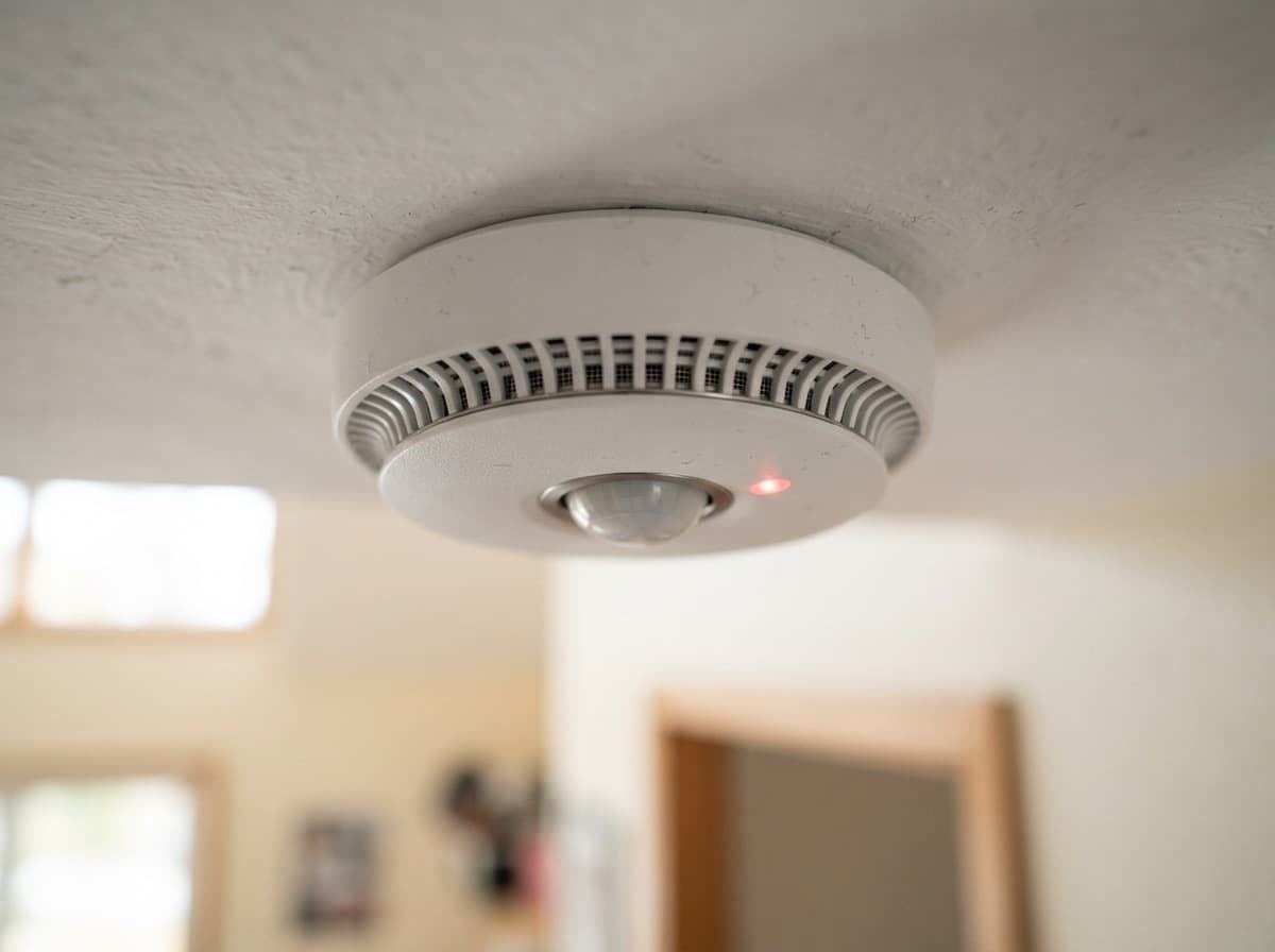 Close-up of a smoke sensor on the ceiling — works even during internet outages