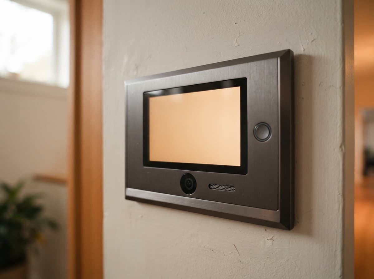 Close-up of the video intercom screen — two-way communication with a guest at the door.